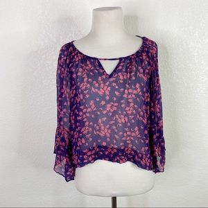 Wendy Katlen Blue Pink Floral Silk Sheer Blouse